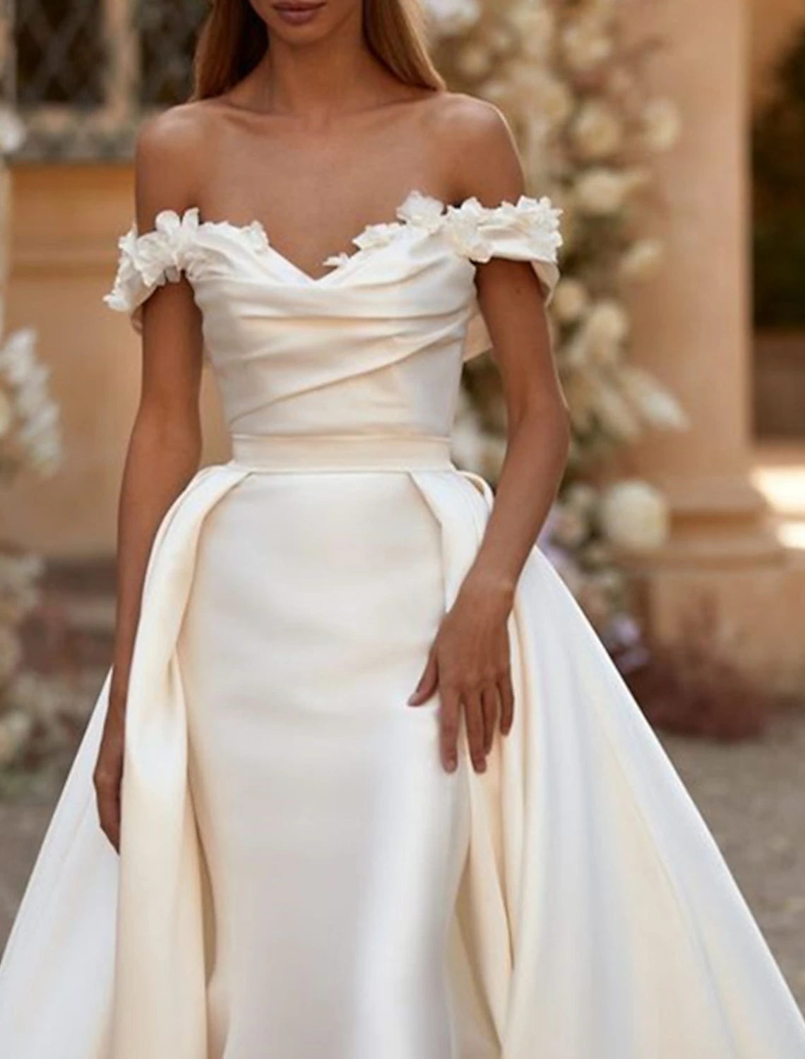Wholesale Engagement Formal Wedding Dresses Sheath / Column Off Shoulder Cap Sleeve Court Train Satin Bridal Gowns With Ruched Solid Color